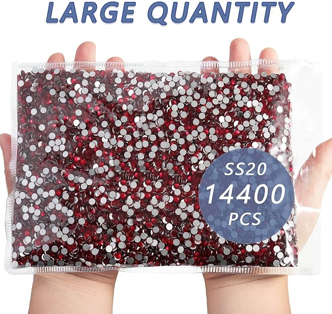 Beadsland Flatback Rhinestones Bulk, 14400pcs Red Rhinestones for Nails Crafts Clothes DIY Decoration, Siam, SS20, 4.6-4.8mm
