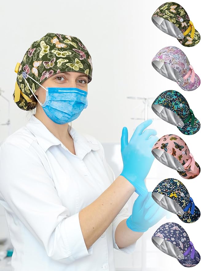 6 Pcs Satin Lined Scrub Caps Women Nurse Surgical Hat with Buttons Ponytail Working Adjustable Pouch Tie Back
