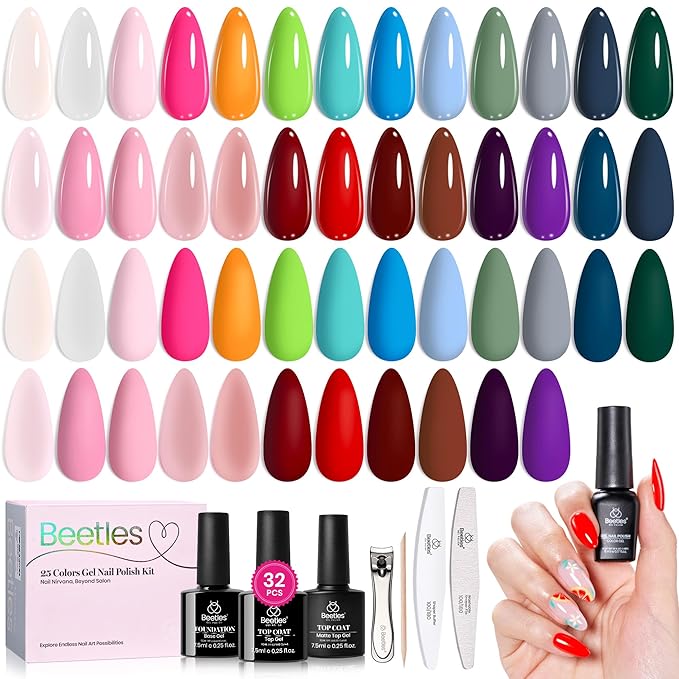 Beetles Gel Nail Polish Set 32 PCS-Spring Summer Gel Polish 25 Colors with Base Top Coat Soak off U V Gel Nail Polish Pink Red Green Gel Polish Set DIY Nail Art Manicure Gift for Women