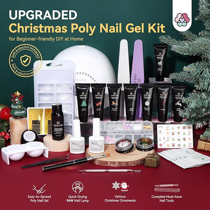 Saviland Christmas Poly Nail Gel Kit with U V Light: 8 Colors Poly Nail Gel Nail Kit Extension Slip Solution Nail Brush UV Nail Lamp Basic Tools Nail Art for Beginners Home DIY Christmas Gift