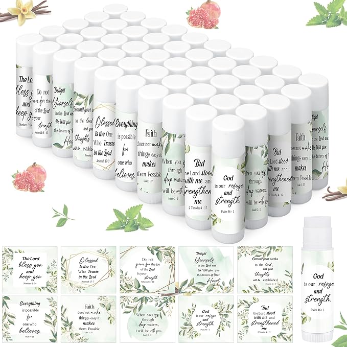 50 Pcs Lip Balm Bulk Christian Gift for Women Faith Religious Bible Verse Lip Balm Inspirational Gift Scripture Moisturizing Lip Care Product for Coworker Sister Teacher(Eucalyptus Leaf)