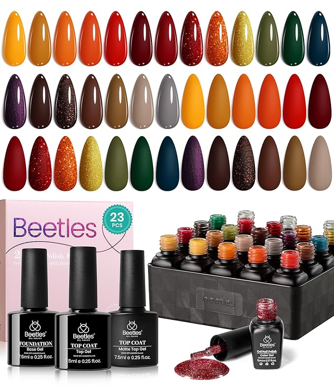 beetles Gel Polish Nail Set 20 Colors Cozy Campfire Collection Orange Yellow Green Brown Fall spring Gel Polish Set Soak Off Uv Lamp Need Base Glossy & Matte Top Coat Manicure Kit Gift for Girls