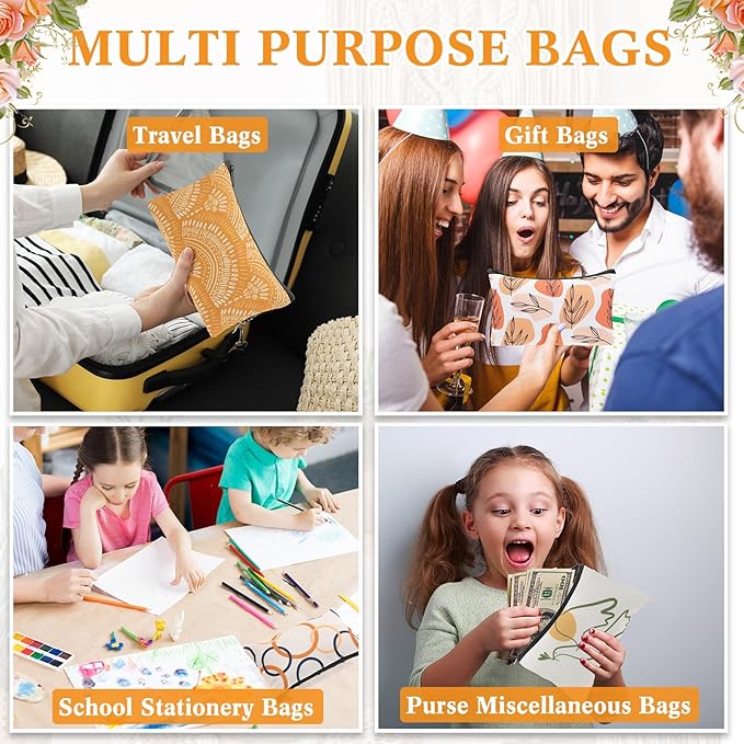 24 Pieces Makeup Bags Bulk Canvas Cosmetic Bags Purse Organizer Zipper Cosmetic Pouch Portable Travel Toiletry Pouch for Women Men Gifts, 7 x 4 Inch (Boho)