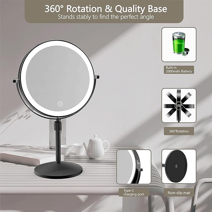 8" Lighted Makeup Mirror, 1X/10X Magnification Mirror with Light, Double Sided Dimmable Mirror, Rechargeable & Brightness & Height Adjustable, Cordless Vanity Mirror(Matte Black)