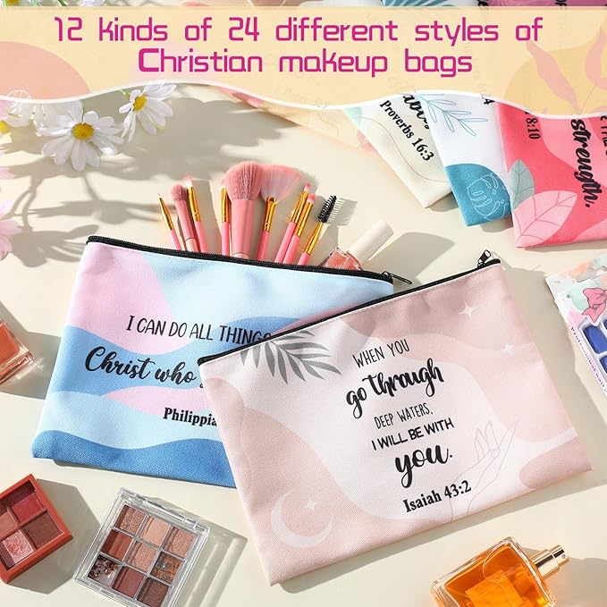24 Pcs Christian Makeup Bag Bible Cosmetic Bags Inspirational Bible Verse Toiletry Pouches Canvas Motivational Pouches with Zipper for Women Organize Cosmetics Toiletries Stationery(Boho)
