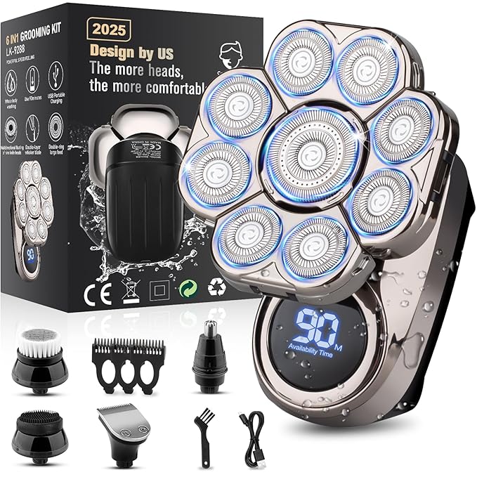 9D Electric Head Shaver for Bald Men, Upgraded 5-in-1 Head Shaver for Bald Men, Waterproof Wet/Dry Grooming Kit Electric Shaver for Men, Cordless Rechargeable Bald Head Razor for Home&Travel