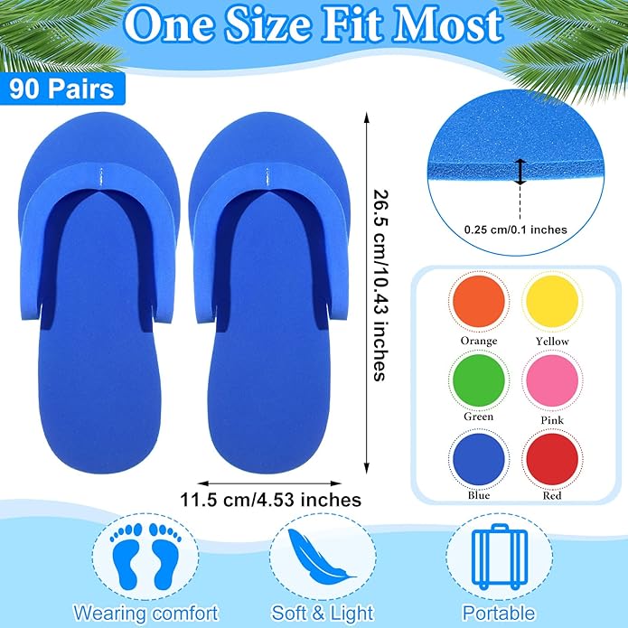 Janmercy 90 Pairs Pedicure Slippers Disposable Flip Flops Foam Sandals Bulk Spa Party Supplies for Guests Salon Nail Foot Women Men, 6 Colors, 4.53 x 10.43 Inches