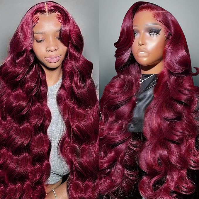34 Inch 99J Burgundy Lace Front Wigs Human Hair 13x6 Lace Front Wigs Human Hair Body Wave HD Transparent with Baby Hair Red Wine Glueless Lace Front Wigs Human Hair Wigs for Women 180 Density