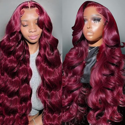 34 Inch 99J Burgundy Lace Front Wigs Human Hair 13x6 Lace Front Wigs Human Hair Body Wave HD Transparent with Baby Hair Red Wine Glueless Lace Front Wigs Human Hair Wigs for Women 180 Density