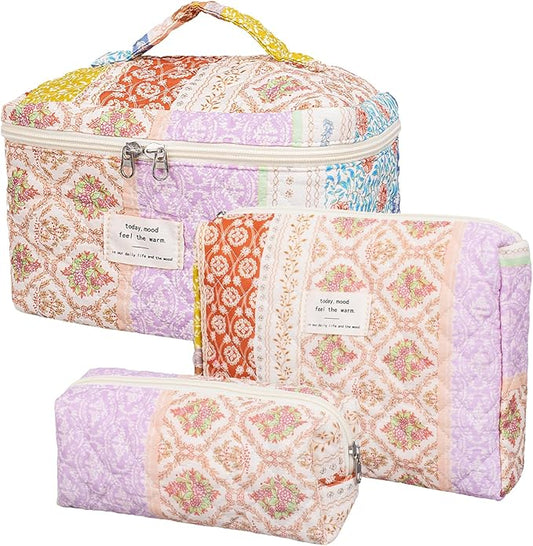 Quilted Makeup Bag,Large Cosmetics Bag Set,Cotton Coquette Floral Make up Pouch,Travel Toiletry Bag for Women