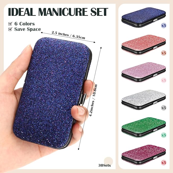 30 Sets Bulk Gifts for Women Manicure Set Bulk Professional Nail Care Kit Nail Clippers Kit 8 in 1 Stainless Steel Pedicure Set with Travel Case for Women Men(Fine Glitter)