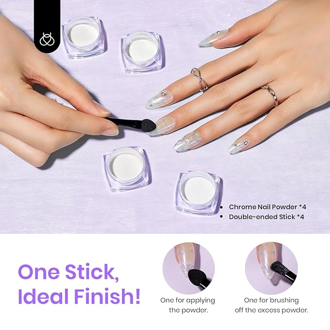 Beetles Pearl Chrome Nail Powder 4 Colors Metallic Mirror Effect Pigment Iridescent Aurora Mermaid Silver Pink Powder Kit for Gel Polish Nail Art Decoration Nail Trend DIY