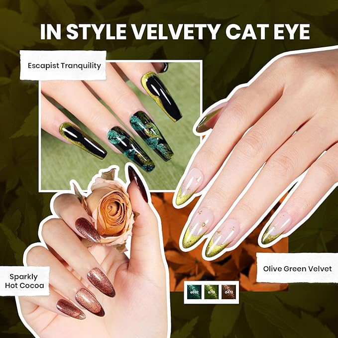 Beetles Cat Eye Gel Nail Polish Set, 20 Colors Gel Polish Nail Set Burgundy Brown Green Nail Polish Glitter Pearl Nail Manicure with Base Coat Matte&No Wipe Top Coat Soak off UV Gel