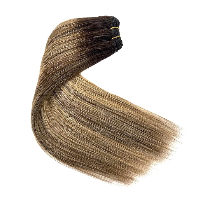 Sew in Hair Extensions Real Human Hair, 20 Inch 100G Weft Hair Extensions Human Hair Ombre Ash Brown Balayage Golden Blonde Highlights Human Hair Weft Extensions Weave Bundles Human Hair for Women