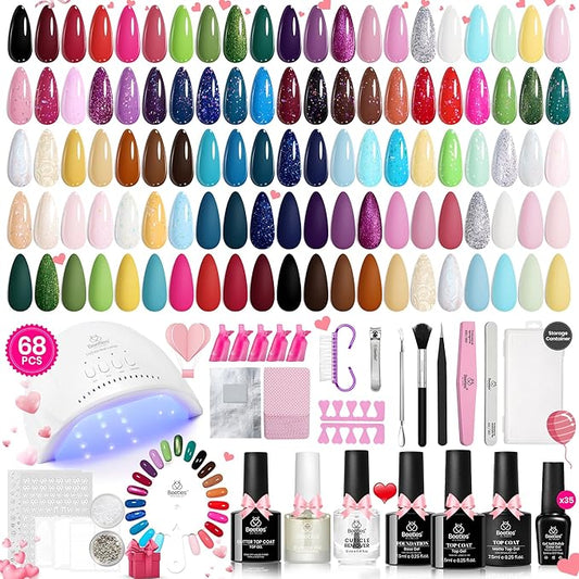 Beetles Gel Nail Polish Kit with UV Light 68 PCS Set 35 Colors Pastel Red Gel Polish with Base and Matte&Glossy Top Coat Soak Off Gel Nail Kit All Year Manicure Tools Gifts for Women