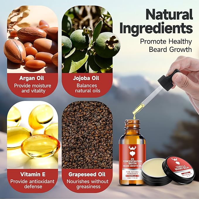 Beard Growth Kit - 2X Concentration Biotin for Men, Natural Ingredients with Argan Oil, Jojoba Oil and Vitamin (Vanilla)