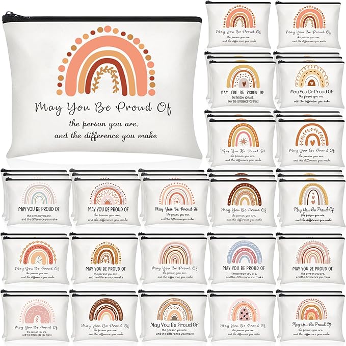Sweetude 50 Pcs Rainbow Canvas Makeup Bags Inspirational Quotes Canvas Cosmetic Bag with Zipper Canvas Makeup Pouch Thank You Appreciation Gift for Women Teacher Christmas Favors(9.1 x 6.7 Inch)