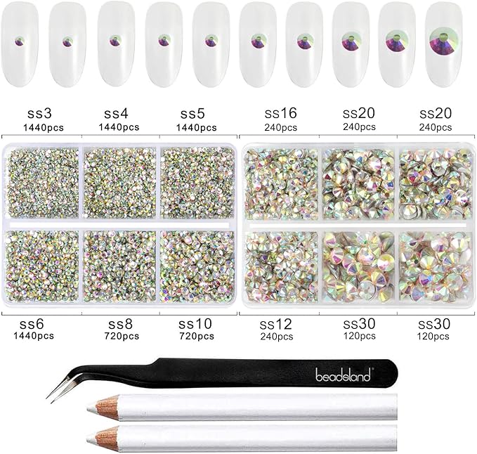 Beadsland 8300PCS Flatback Rhinestones, AB Crystal Rhinestone Round Crystal Rhinestones for Crafts, Mixed 10 Sizes with Wax Pencil and Tweezer Kit, SS3-SS30, Crystal AB