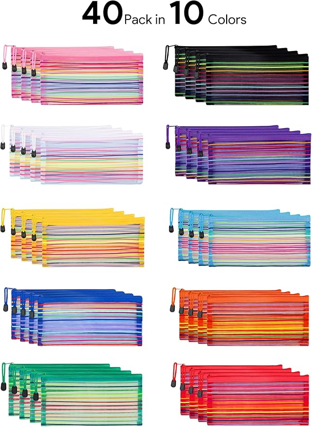 JARLINK 40 Pack 10 Colors Zipper Mesh Pouch, Storage Pencil Pouches, Multipurpose Pencil Pouch Bulk for School and Office Supplies, Cosmetics Travel Accessories, Multicolor