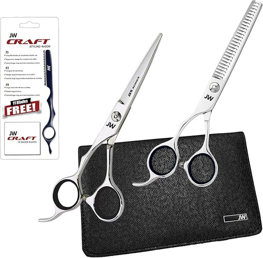 JW Shears Professional Hairdressing Shear, Thinner, Razor and Case Set (5.75" Lefty Silver/Black)