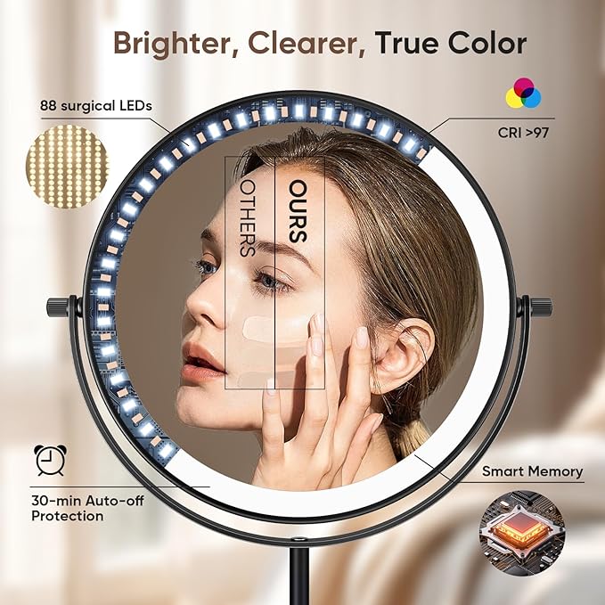 8.7in Professional Lighted Makeup Mirror - Height & Brightness Adjustable, Rechargeable 2-sided 1x/10x Magnifying HD Brighter Light Mirror- 88 Surgical-grade LEDs, 3 Colors Lights, 360° Swivel (Black)