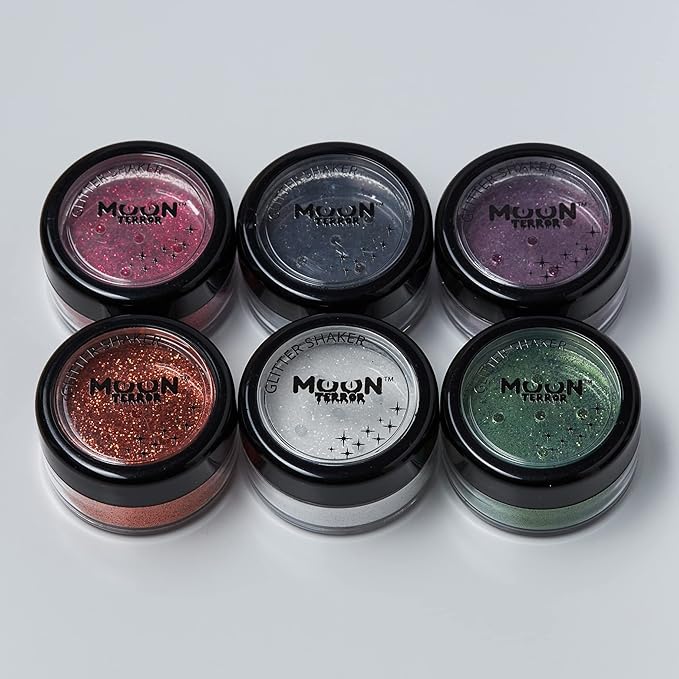 Halloween Glitter Shakers by Moon Terror - Set of 6 - SFX Make up, Festival Glitter for Face Body Hair, Special Effects Make up - 0.17g