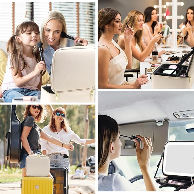 Travel Makeup Bag Cosmetic Bag Make up Organizer Bag with Large Lighted Mirror 3 Color Modes Adjustable Brightness, Waterproof PU Leather Makeup Travel Case Makeup Train Case Toiletry Gift Accessories