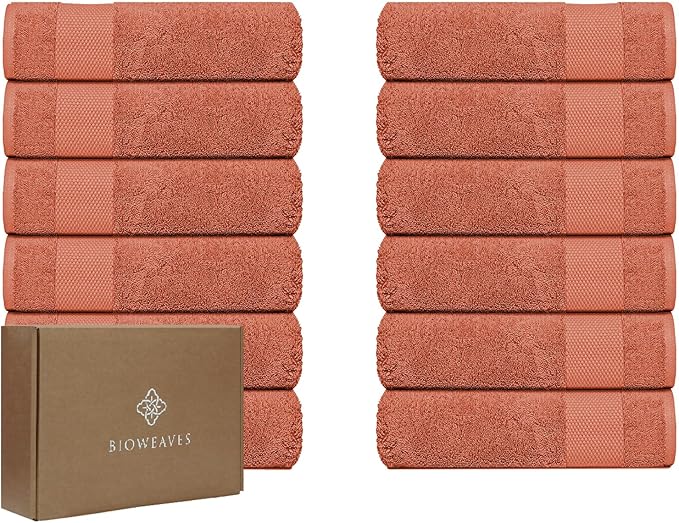 BIOWEAVES 100% Organic Cotton 700 GSM Luxury Wash Cloths GOTS Certified 13" x 13" Face Towel - Burnt Orange, Pack of 12