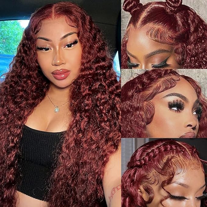 26 Inch Reddish Brown Lace Front Wigs Human Hair 13x6 Reddish Curly Lace Front Wig 180 Density Deep Wave HD Lace Frontal Wigs Human Hair Pre Plucked for Women burgundy 33# Colored Human Hair wig