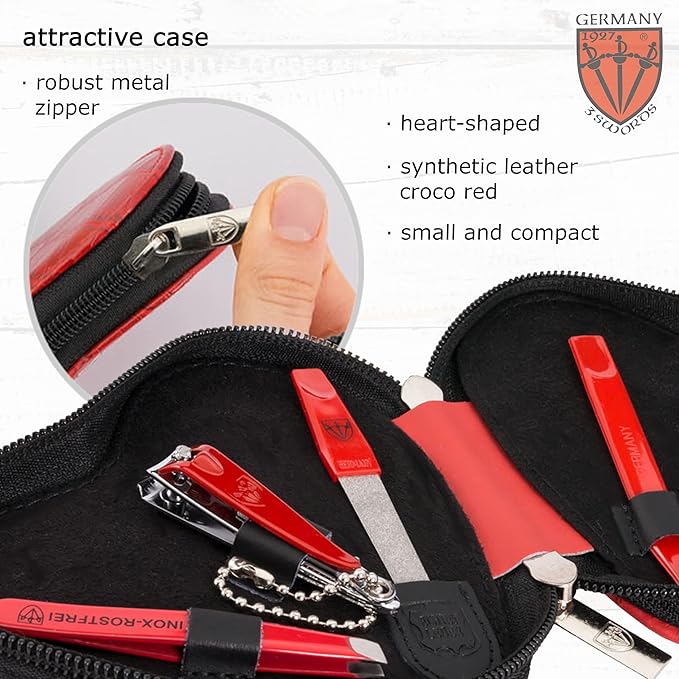 3 Swords Germany - brand quality 5 piece manicure pedicure grooming kit set for professional finger & toe nail care tweezers file clipper genuine leather case in gift box, Made by 3 Swords (03898)