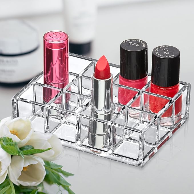 Amazing Abby - Allure - 12-Slot Acrylic Lipstick Organizer, Lipstick Holder, Lip Gloss Holder, Cosmetic Storage Display, Perfect Storage Solution for Drawer and Vanity (Slot Size: 1.0" x 1.0")