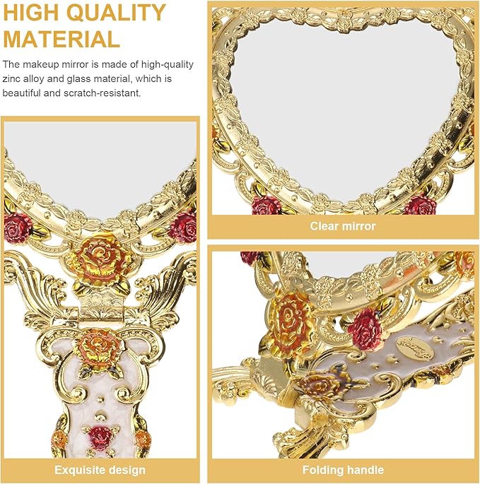 Beaupretty Hand Mirror Vintage Handheld Mirror Heart Shaped Travel Mirror Salon Barber Hairdressing Mirror Cosmetic Mirror for Pocket Purse Birthday Golden