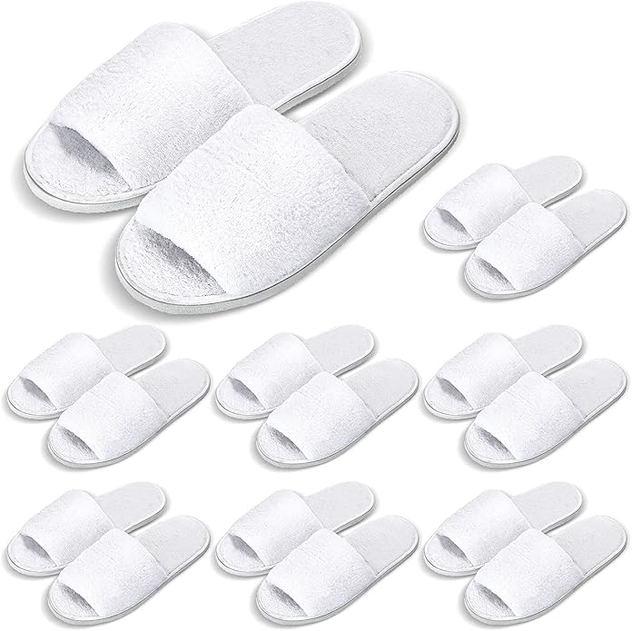 Shinymoon 8 Pairs Disposable Velvet Open Toe Non Slip Spa & Travel Slippers - White, Medium