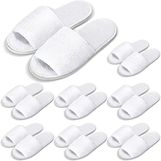 Shinymoon 8 Pairs Disposable Velvet Open Toe Non Slip Spa & Travel Slippers - White, Medium