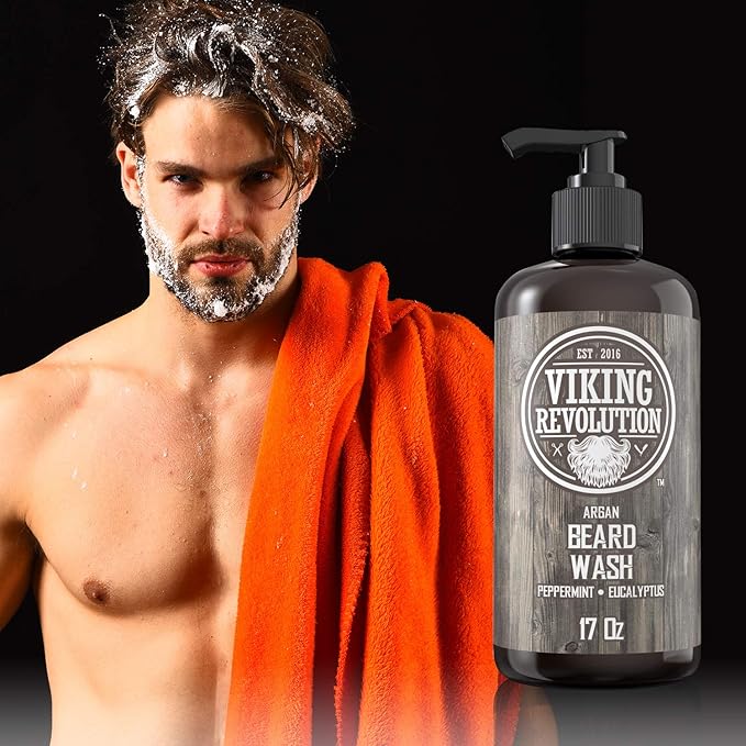 Beard Wash Shampoo w/Argan & Jojoba Oils - Softens & Strengthens - Natural Peppermint and Eucalyptus Scent - Beard Shampoo w/Beard Oil (17 oz Shampoo)