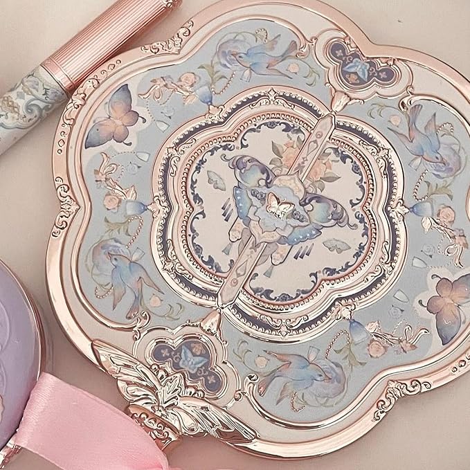 Flower Knows Butterfly Cloud Collar Hand Mirror,Portable Vintage Handheld Mirror,Durable Metal Mirror,Cute & Aesthetic Princess Mirror,with Long Handle for Easy Holding,Gift for Girls(Floral Cyan)