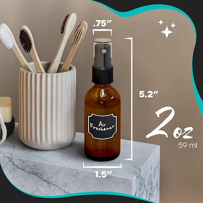 Nevlers Amber Glass Spray Bottles 2 Oz 24 Pack | Amber Glass Bottle Set w/Shrink Wrap, Funnel, Cleaning Brush & Sticker Labels| Mist Bottle For Use as Travel Spray Bottles For Face, Hair, Body & More