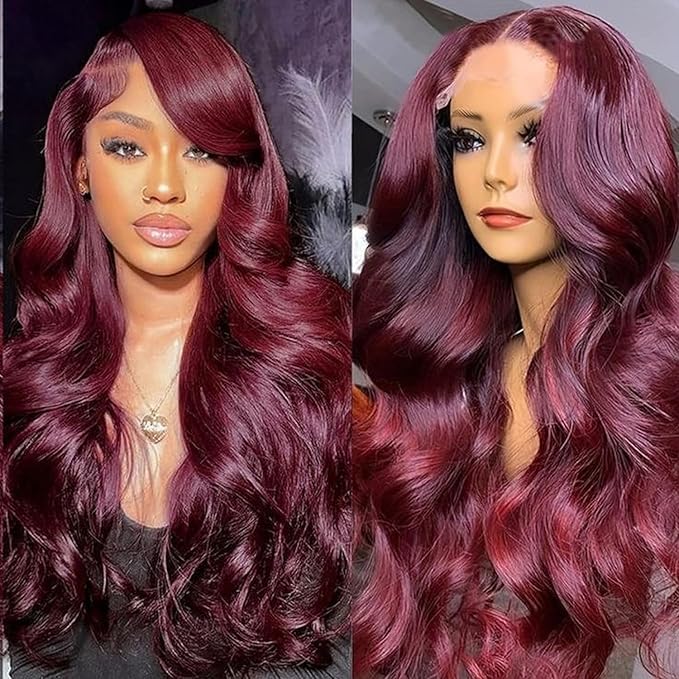 28 Inch 13x6 Body Wave Lace Front Wigs Human Hair 99j Burgundy Wig Human Hair 200 Density HD Transparent Frontal Wigs Human Hair Pre Plucked With Baby Hair Wine Red Colored Glueless Wigs for Women