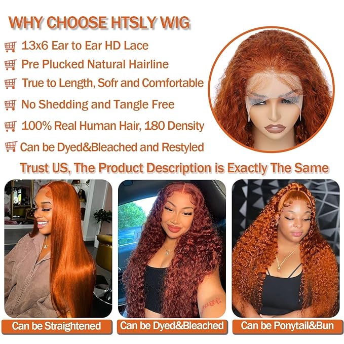 13x6 Ginger Wig Water Wave Lace Front Wigs Human Hair Pre Plucked Frontal Wigs Human Hair For Women Curly Lace Front Wig Human Hair Deep Wave Wet and Wavy 180 Density 24 Inch