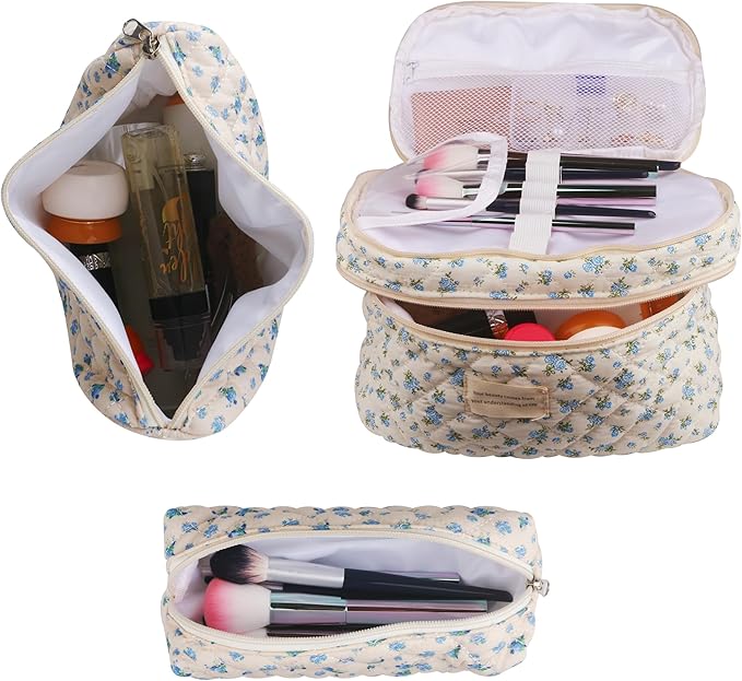 Dual Layer Cute Makeup Bag for Women(3 Pcs), Quilted Floral Coquette Aesthetic Make up Bags, Travel Cosmetic Bags Toiletry Organizer Bag(Hot Pink Flowr)