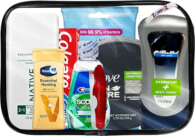Travel Toiletries Kit Gift for Men, Travel Bag of Hygiene Essentials for Bath, Shaving and Personal Care, 8 Mini TSA Approved Items in Reusable Zipper Bag, Perfect for On-The-Go