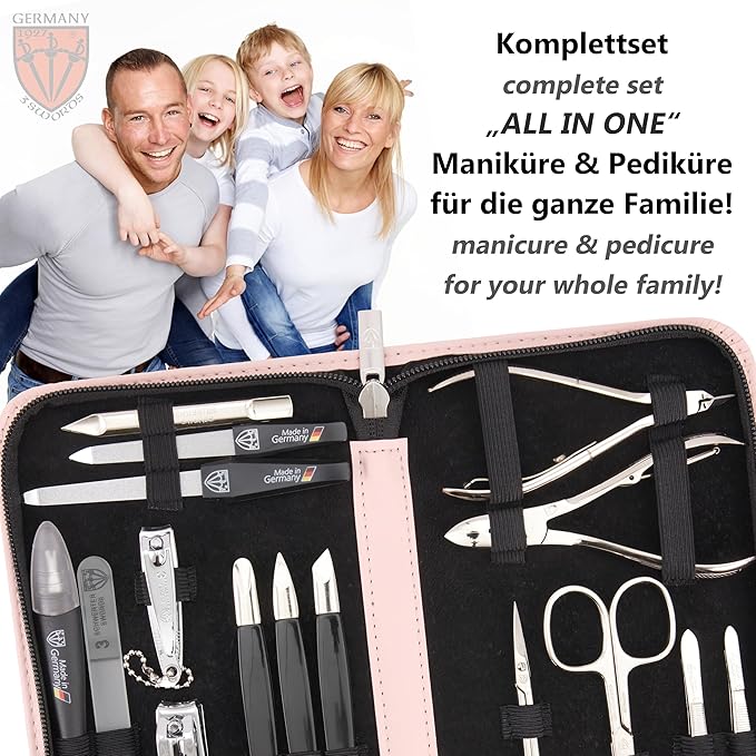 3 Swords Germany - brand quality 16 piece manicure pedicure grooming kit set fashion leather case light pink, Made in Germany