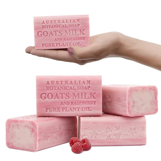 Australian Botanical Soap Goats Milk with Raspberry 6.6 oz Luxury Soap Bars Enriched with Shea Butter, Pack of 4
