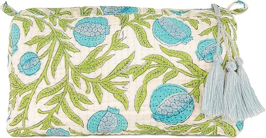Block Print Toiletry Case & Makeup Bag - Blue & Green Pomegranate