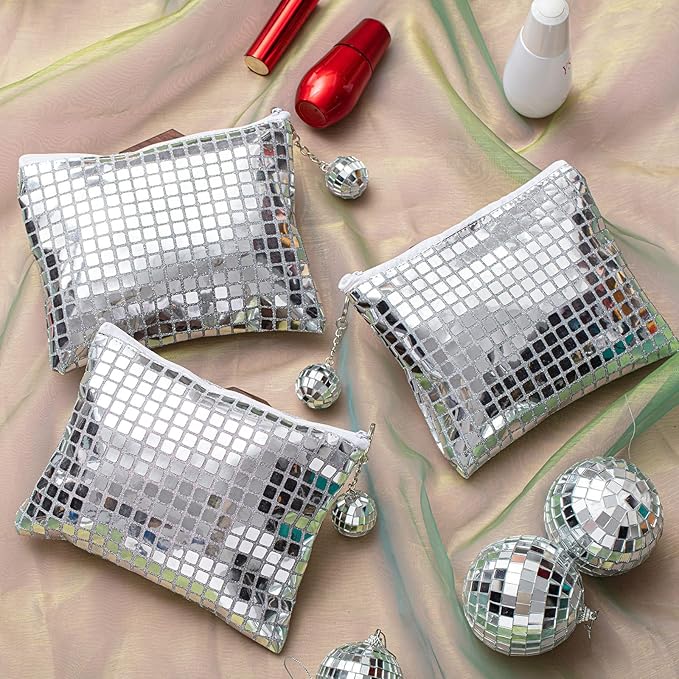 12 Pack Disco Cosmetic Bags Portable Silver Glitter Sequin Mirror Makeup Organizer with Zipper, Suit for Bachelorette, New Years Eve, 70s, 80s, 90s Disco Party Favors