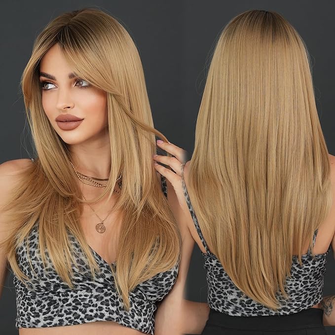 7JHH WIGS Blonde Layered Wig with Curtain Bangs Long Straight Pixie Cut wig with Dark Roots Natural Looking Heat Resistant Synthetic Hair Fiber Wigs for Women Daily Used