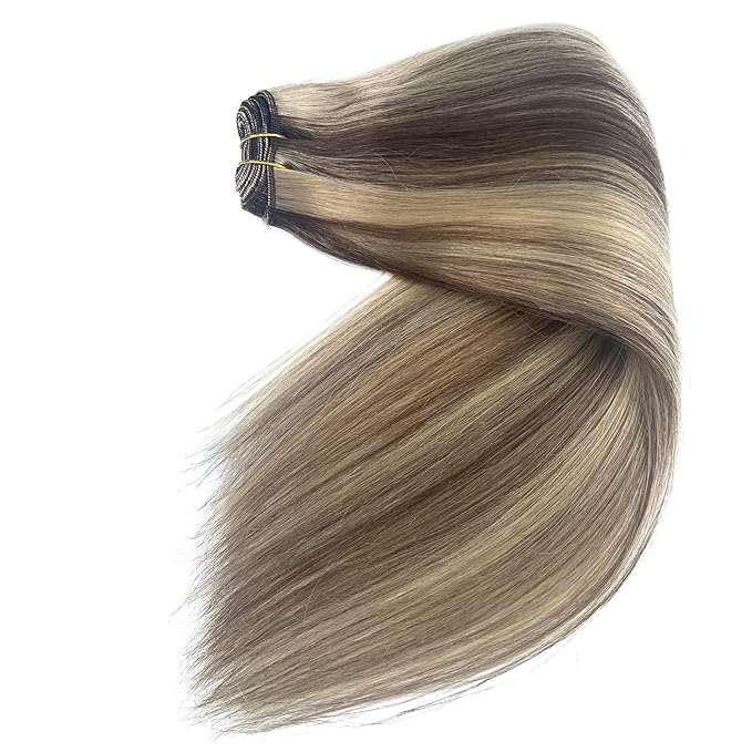 Hand Tied Weft Hair Extensions - 14 Inch Sew In Real Human Hair Weave Bundles - 80G Brown Balayage Ash Blonde Mixed Blonde