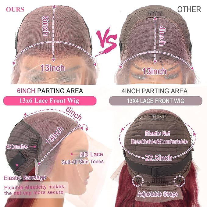 99j Burgundy Lace Front Wigs Human Hair 13x6 Body Wave Lace Front Wigs Human Hair Pre Plucked 200 Density HD Transparent Red Colored Frontal Wigs Human Hair for Women with Baby Hair 22 Inch