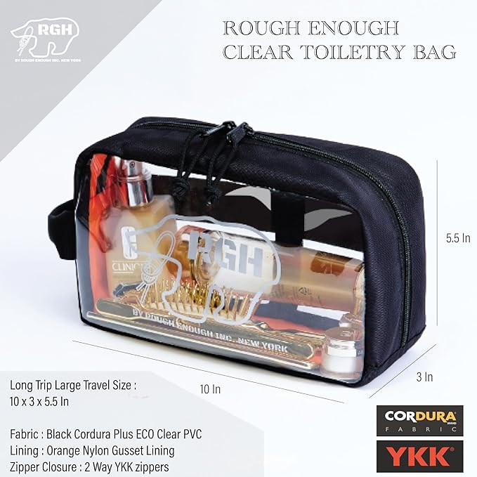 Rough Enough Clear Toiletry Bag for Traveling Transparent Cosmetic Makeup Organizer Pouch with Handle Skincare Essentials Case for Women Men Black