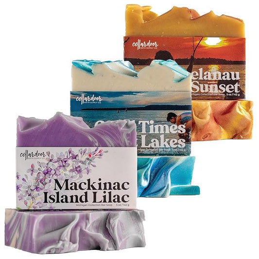 Cellar Door Bath Supply Co. Bar Soap, 3 Bar Variety Pack - Mackinac Island Lilac, Good Times Great Lakes, Leelanau Sunset